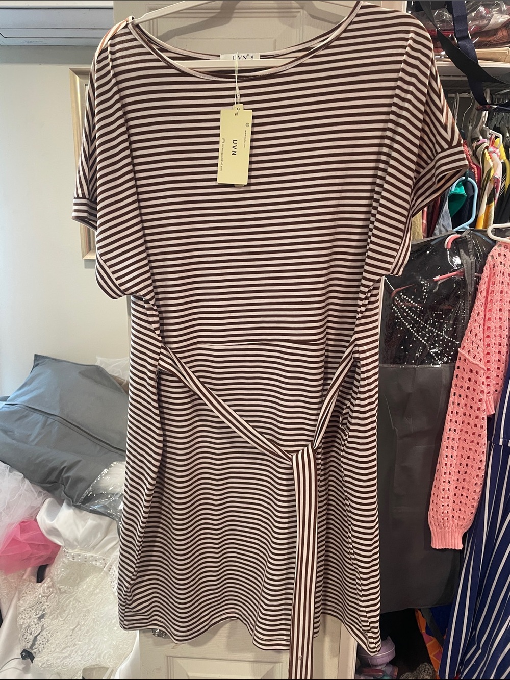 Striped Brown & White Tie-Front Midi Dress by UVN